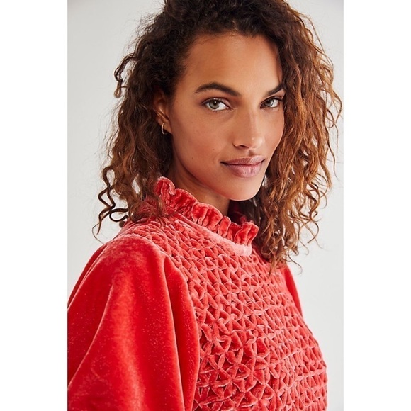 NEW FREE PEOPLE Mini Dress Smocked Ruffle Puff Sleeve Open Back Fall Wedding XS - Picture 13 of 14